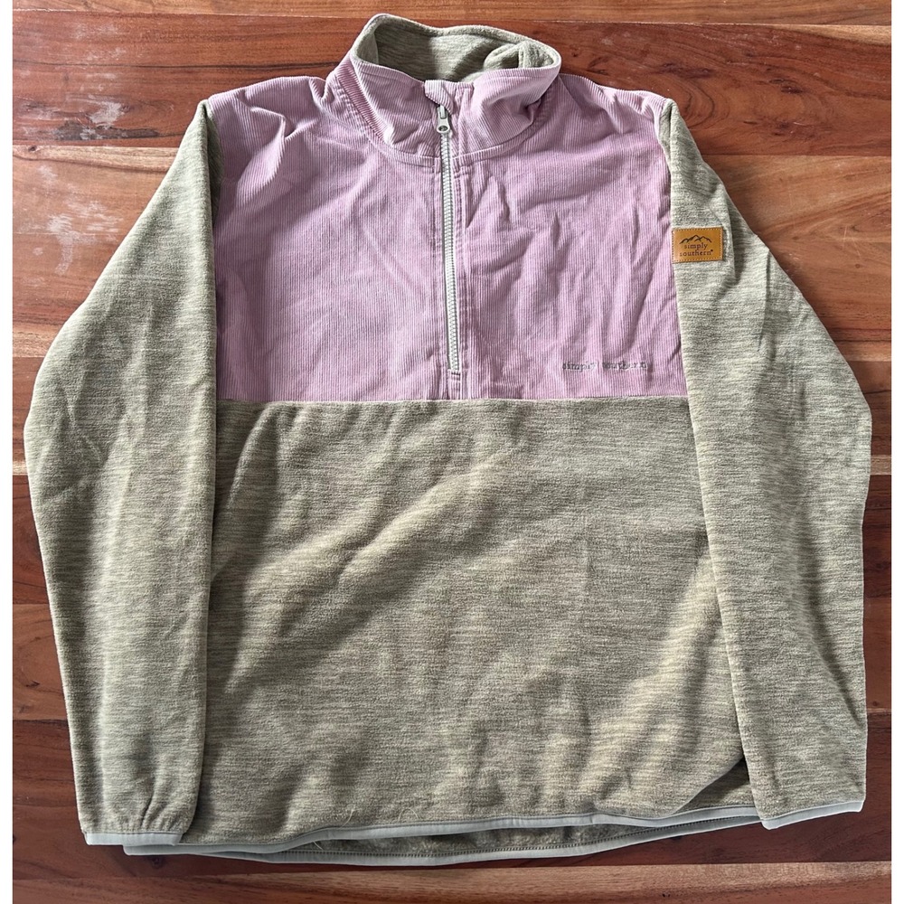 Simply Southern Pink Corduroy Green Fleece Quarter Zip Pullover Sweater Womens M